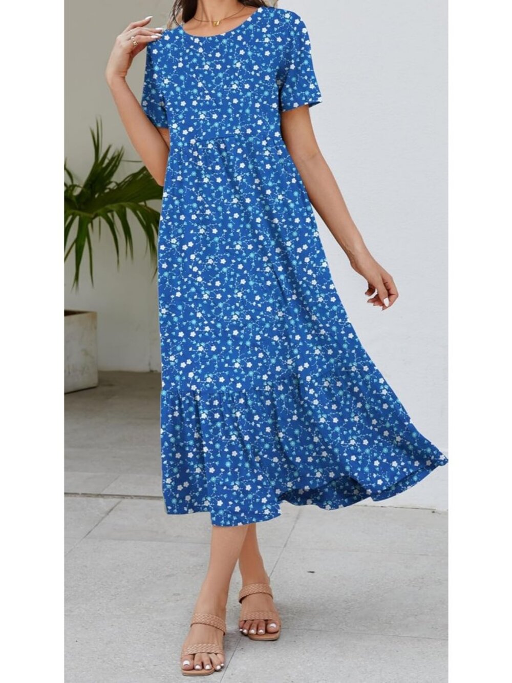 Women's Print Navy  Sundress Short Sleeve Tiered Beach with Pockets Maxi Dress - Picture 5 of 5